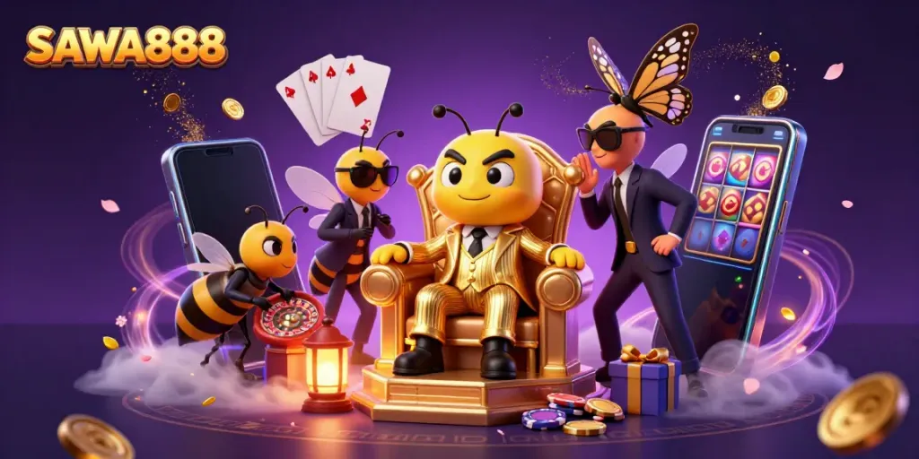 Experience the excitement of SAWA888 with a buzzing bumblebee mob boss in a casino-themed throne room.