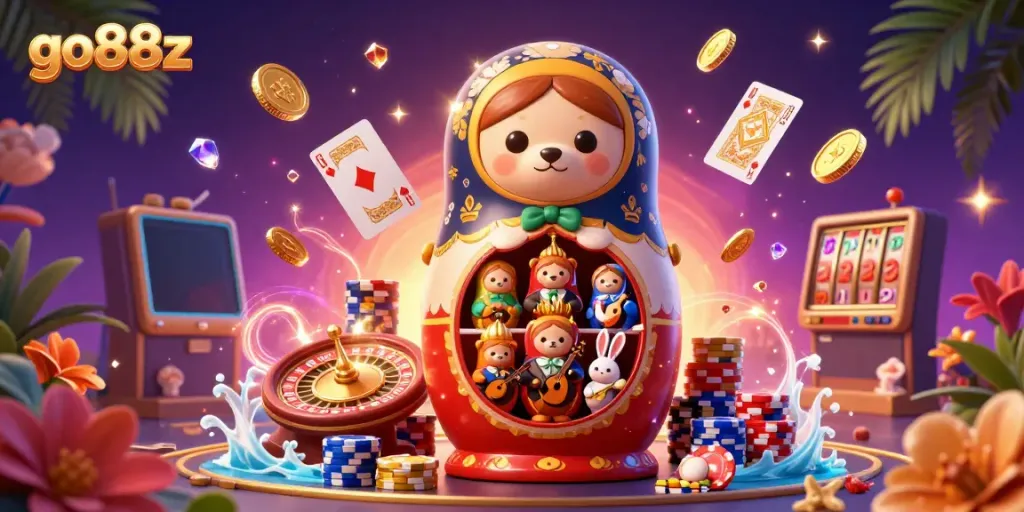 Experience the thrilling atmosphere of go88z with animated bears and casino games sparkling in a rich 3D illustration.