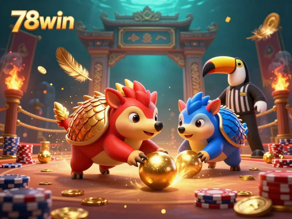 Experience exhilarating gameplay with 78win where rival pangolins battle at a vibrant casino-themed scene.