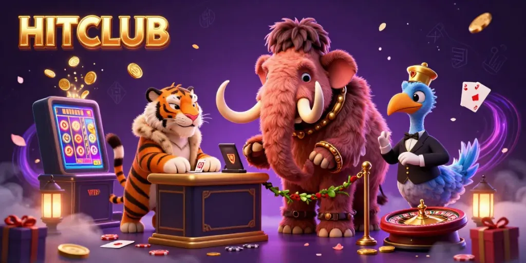 Experience the thrill at HITCLUB with a vibrant casino scene featuring playful characters and dynamic game elements.