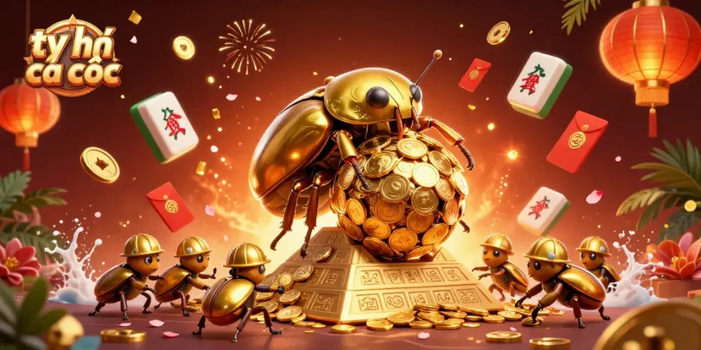 Engage with tỷ lệ cá cược as a golden beetle rolls coins, embodying casino excitement.