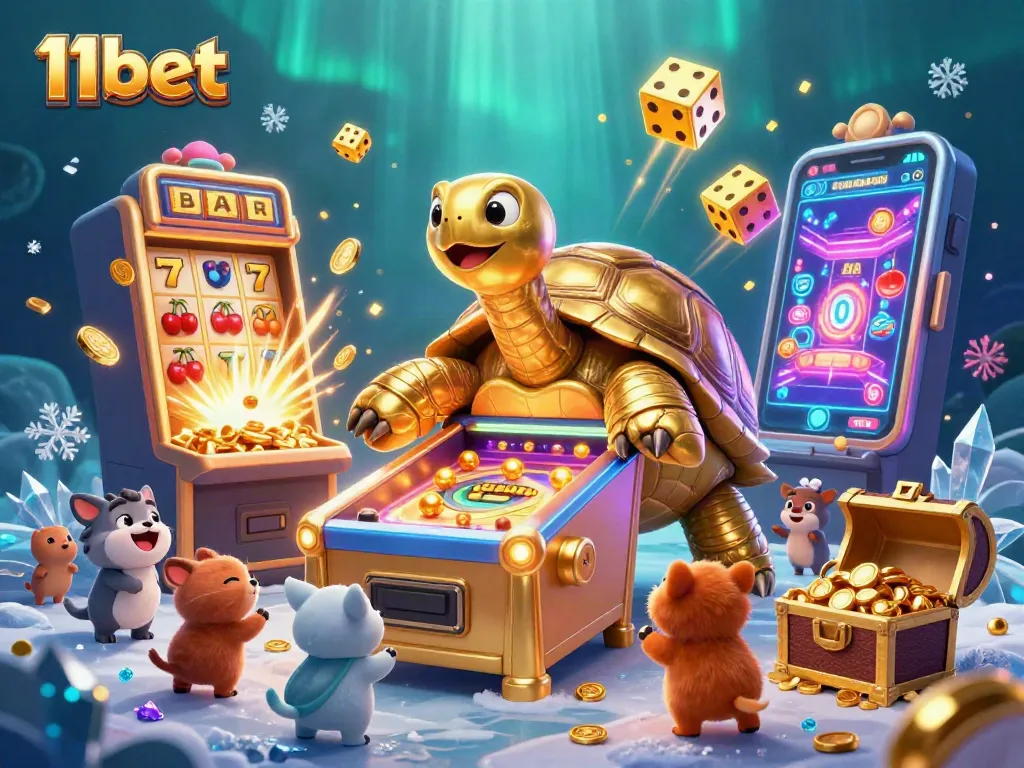 Engage in thrilling gameplay with 11bet's vibrant casino experience featuring animated slot machines, dice, and celebration elements.