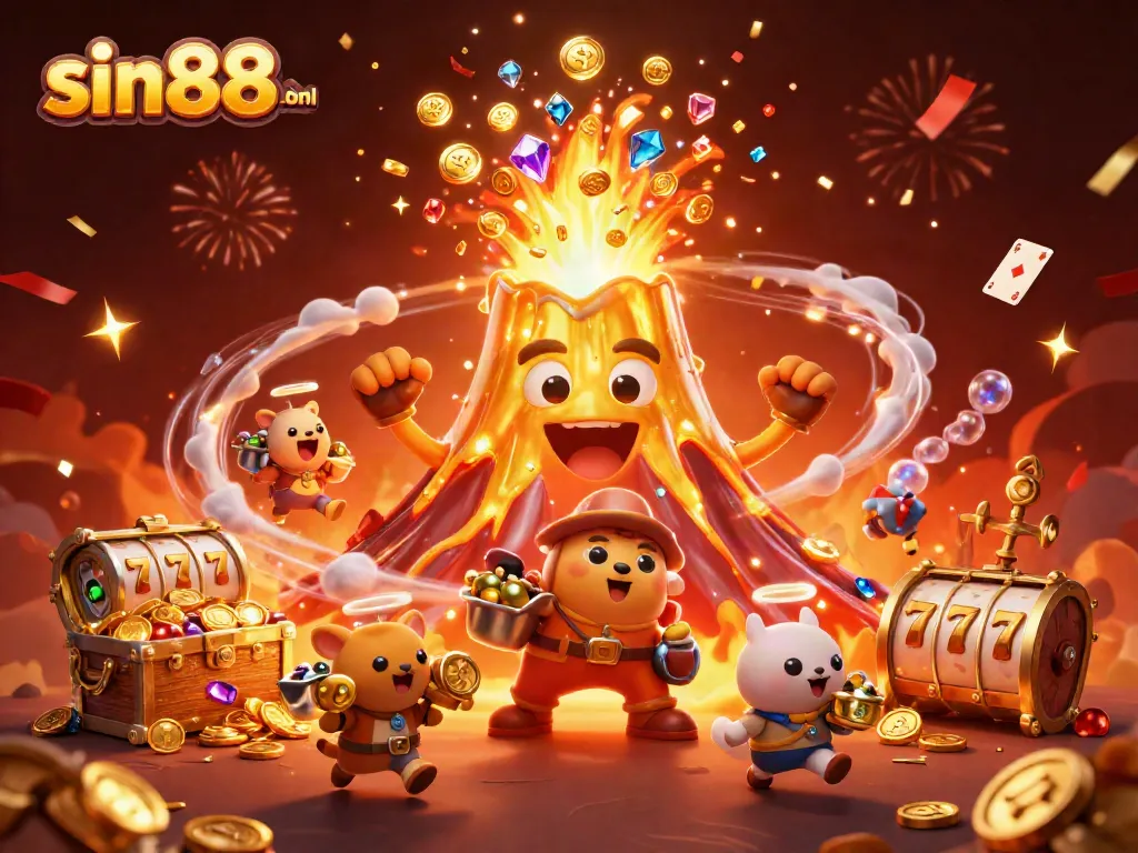 Experience thrilling wins with sin88-onl as golden treasures erupt from a volcano amid vibrant casino elements.