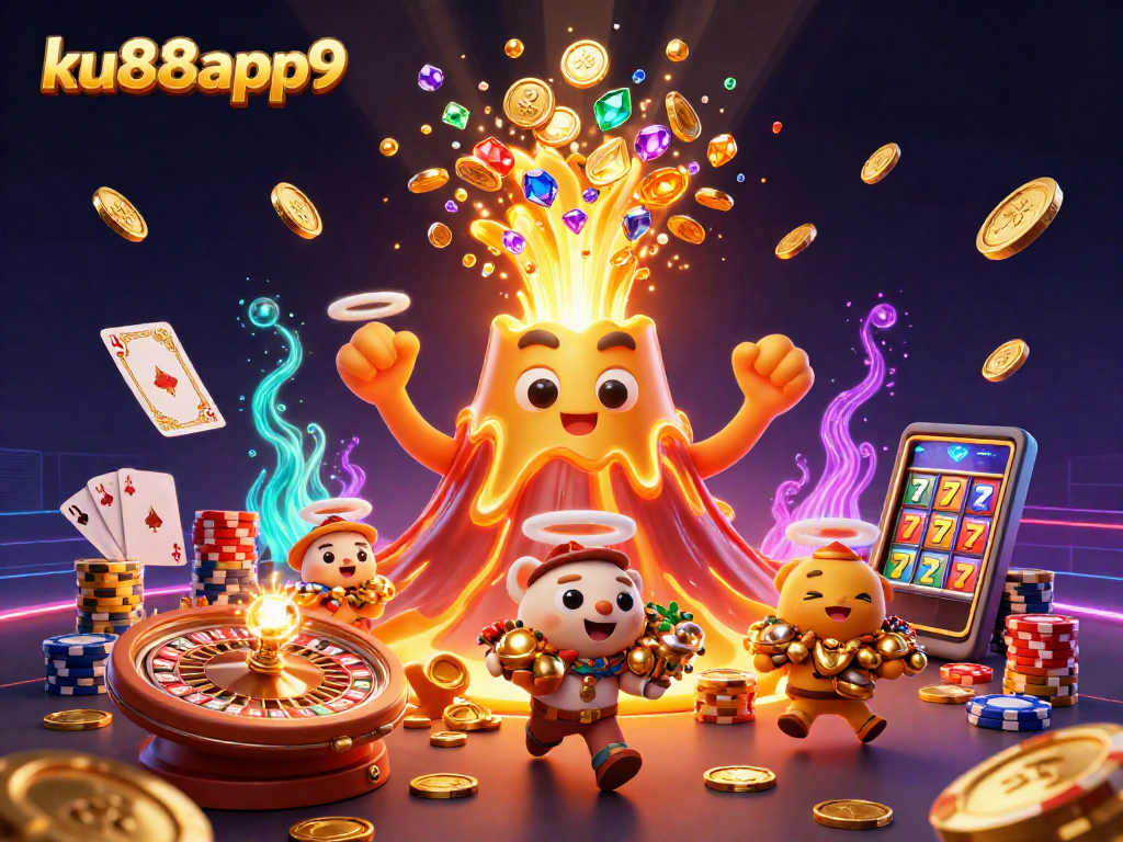 Experience excitement with ku88app9's golden volcano and treasure in a vibrant casino scene.