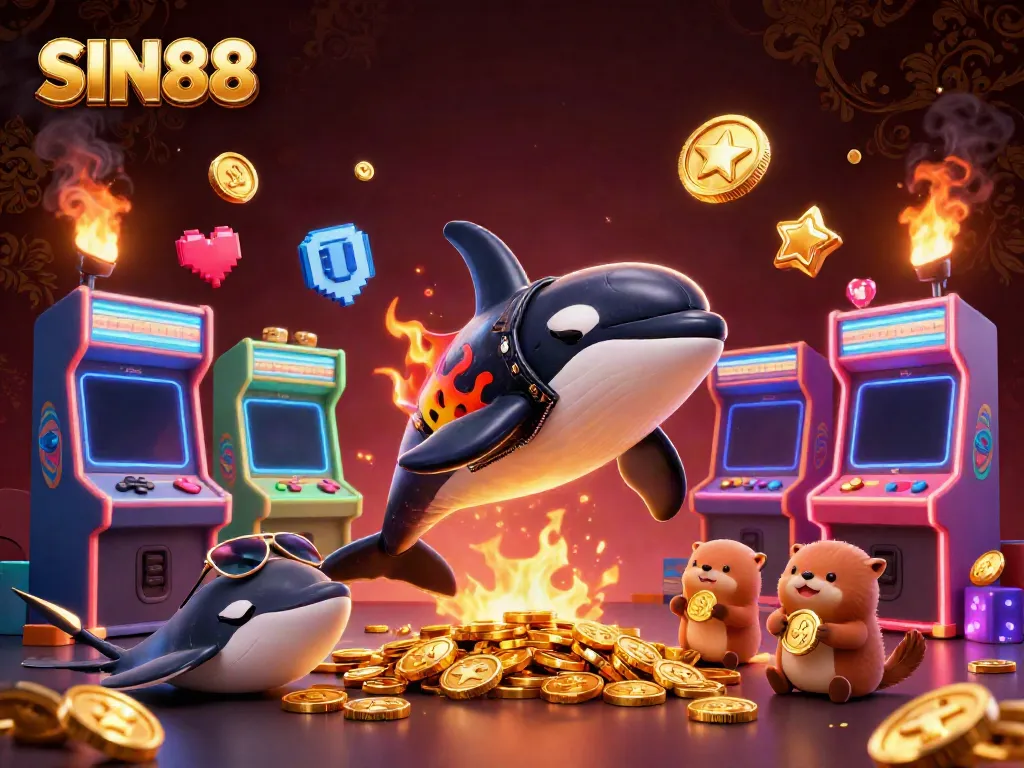 SIN88 showcases an orca and stingray among gaming elements, celebrating online casino excitement.