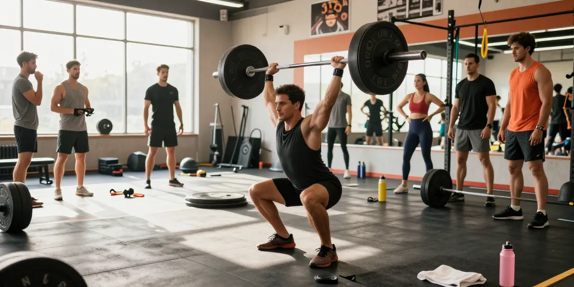 Intensives Training im Fitnessstudio des Medi Pharma Shops, das Gewichtheben zum Muskelaufbau zeigt.