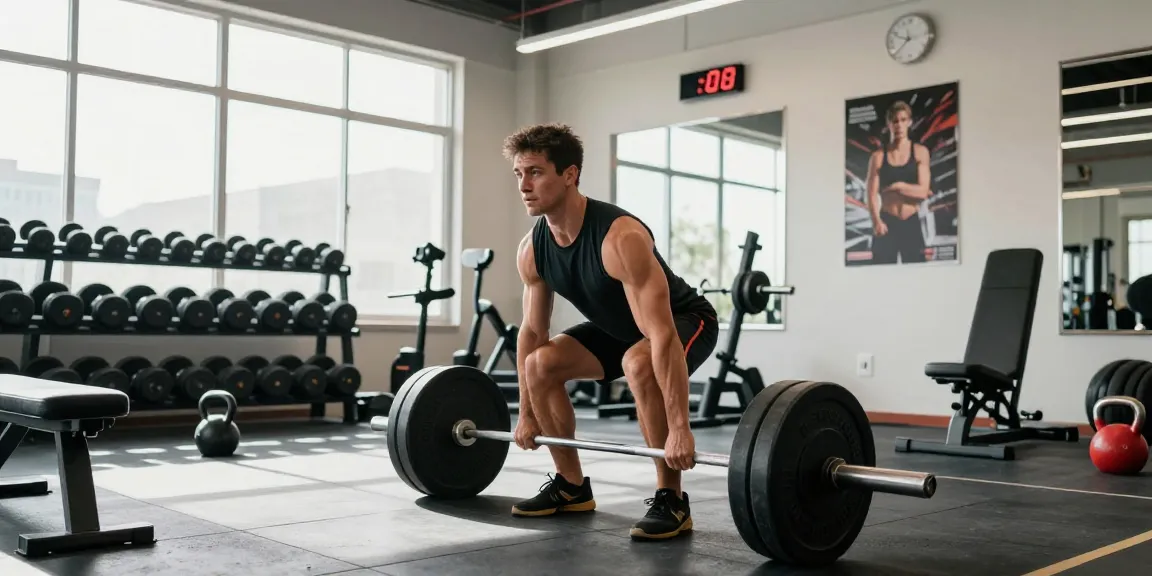 Selliza Shop: Athlet beim Krafttraining mit Gewichten in einem modernen Fitnessstudio, motivierende Atmosphäre.