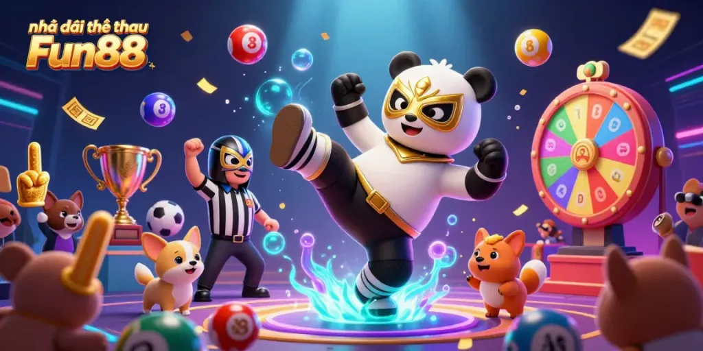 Engaging scene showing Nhà cái thể thao Fun88 with a dynamic 3D panda wrestler and betting elements celebrating a big win.
