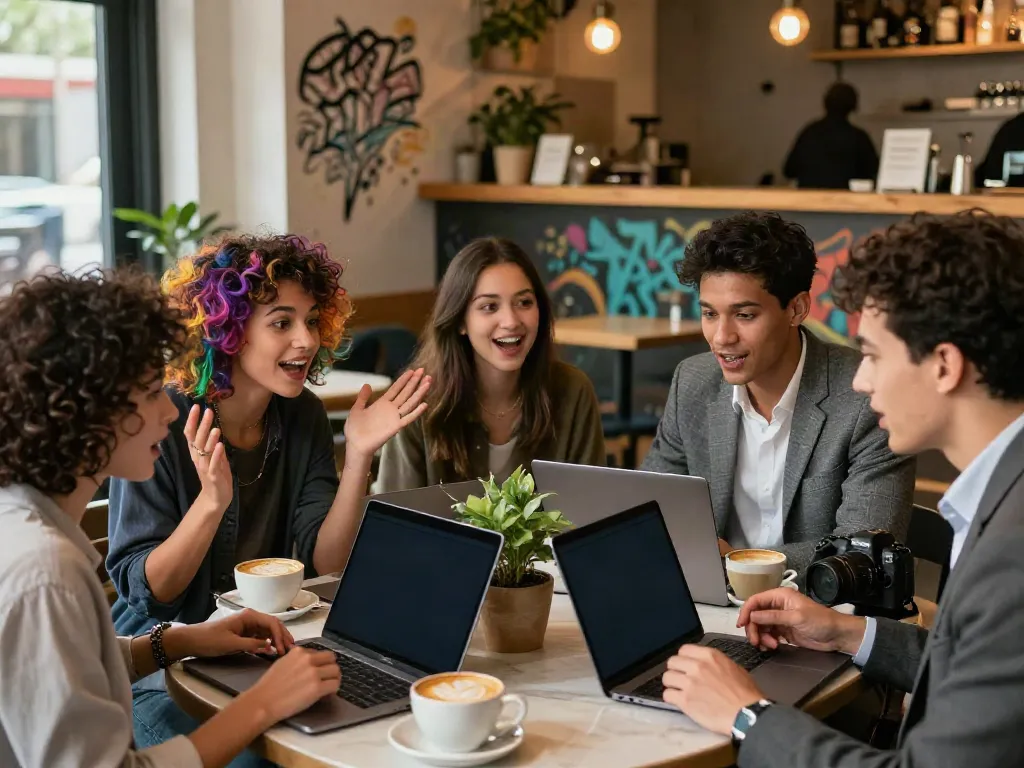 Engaging friends in a cozy café enjoying spicy chat over laptops and lattes
