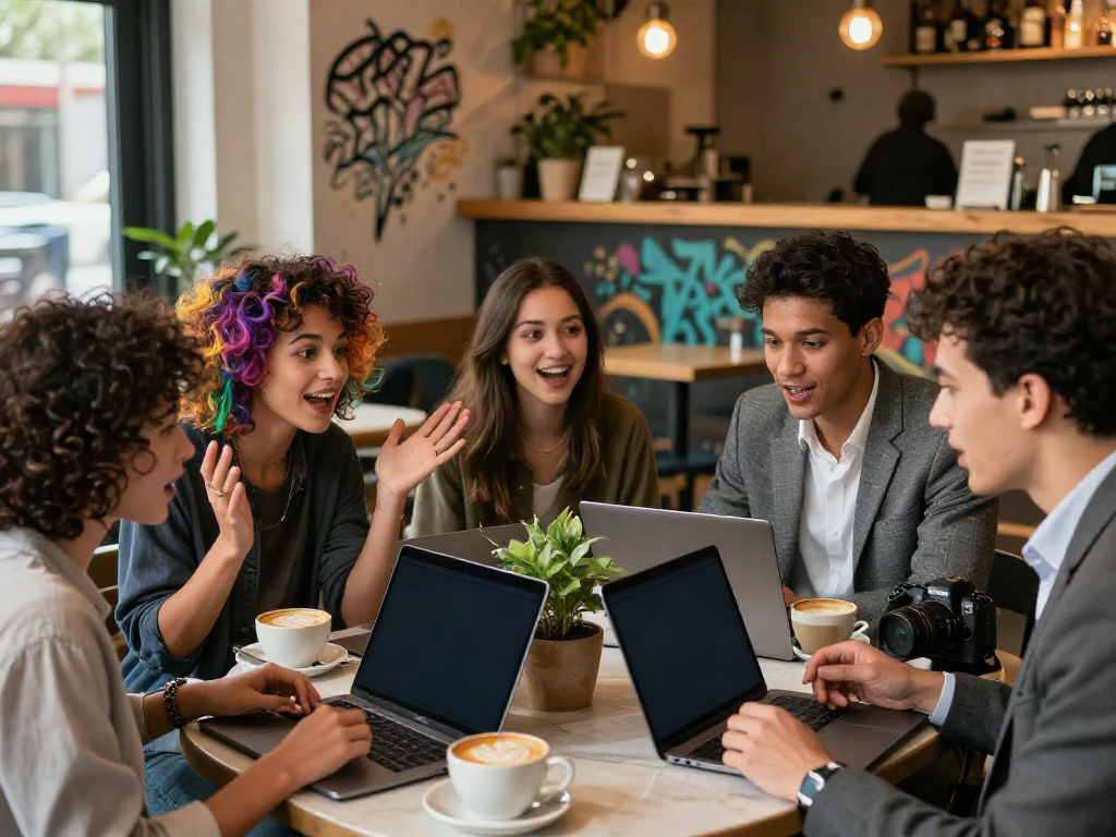 Engaging friends in a cozy café enjoying spicy chat over laptops and lattes