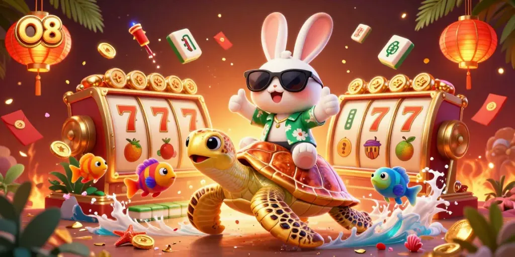 Experience O8's vibrant casino scene with a lucky rabbit and golden turtle in dynamic gambling context.