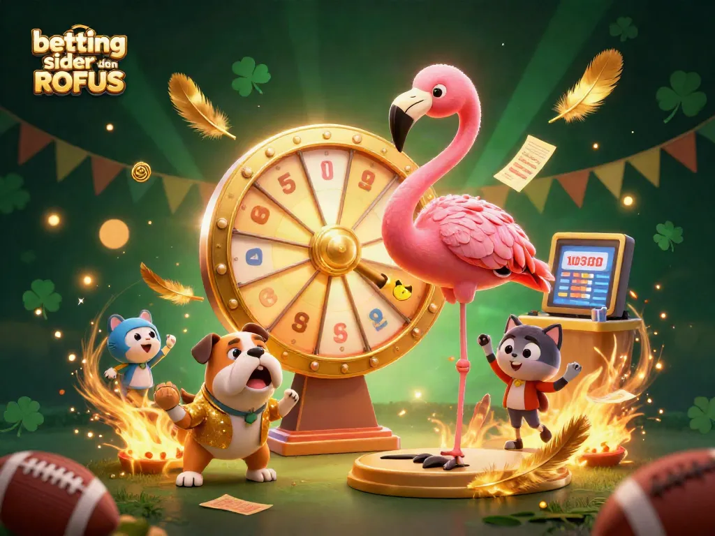 Experience betting sider uden ROFUS with an energetic 3D cartoon scene featuring a game show host, a bulldog contestant, and a scoreboard assistant amidst a vibrant sports betting atmosphere.