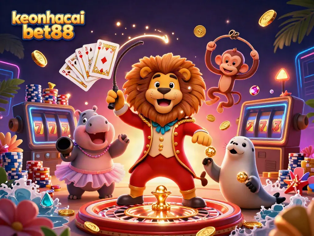 Engage with keonhacai bet88 in a vibrant 3D digital illustration showcasing dynamic casino activities.