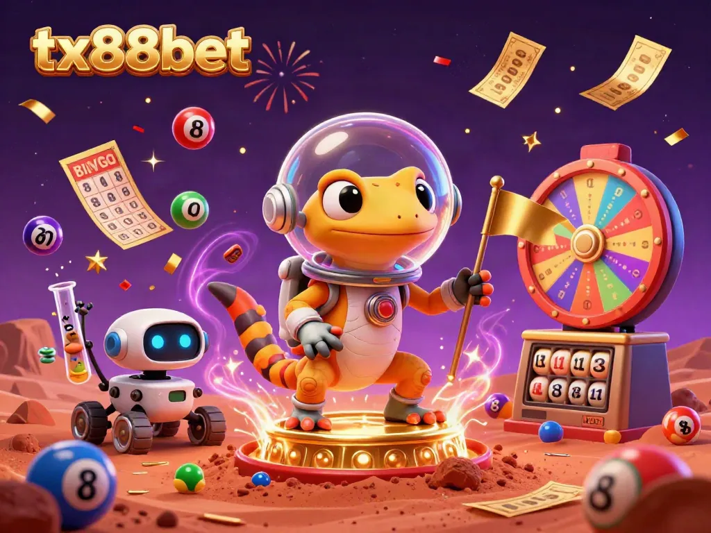 Experience the thrilling tx88bet casino adventure with a cartoon Martian discovering its riches.