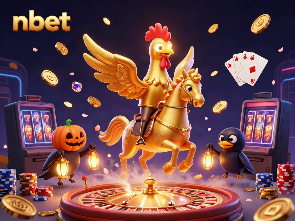 Experience thrilling casino gaming action with nbet as a golden rooster rides a spectral horse in a vibrant scene.
