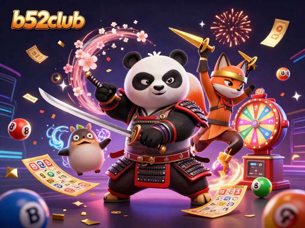 Win prizes with b52club's thrilling lottery scene featuring dynamic characters and colorful games.