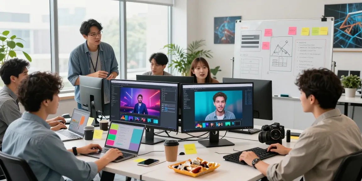 Creative team collaborating on an AI video generator project in a modern tech office.