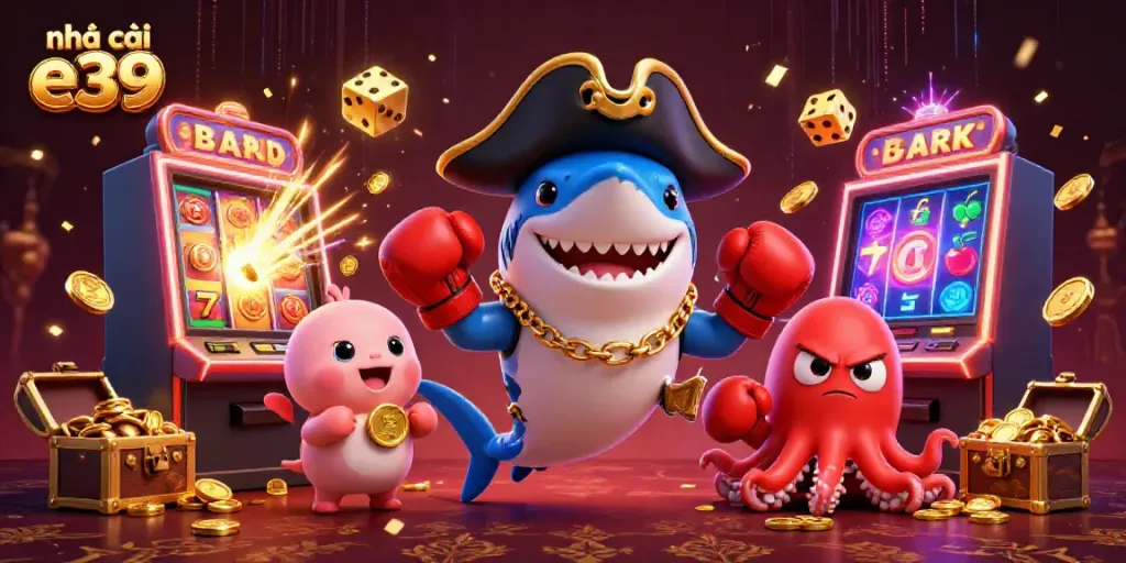 Join the action at nhà cái e39 with a dynamic casino scene featuring vibrant characters and exciting game elements.