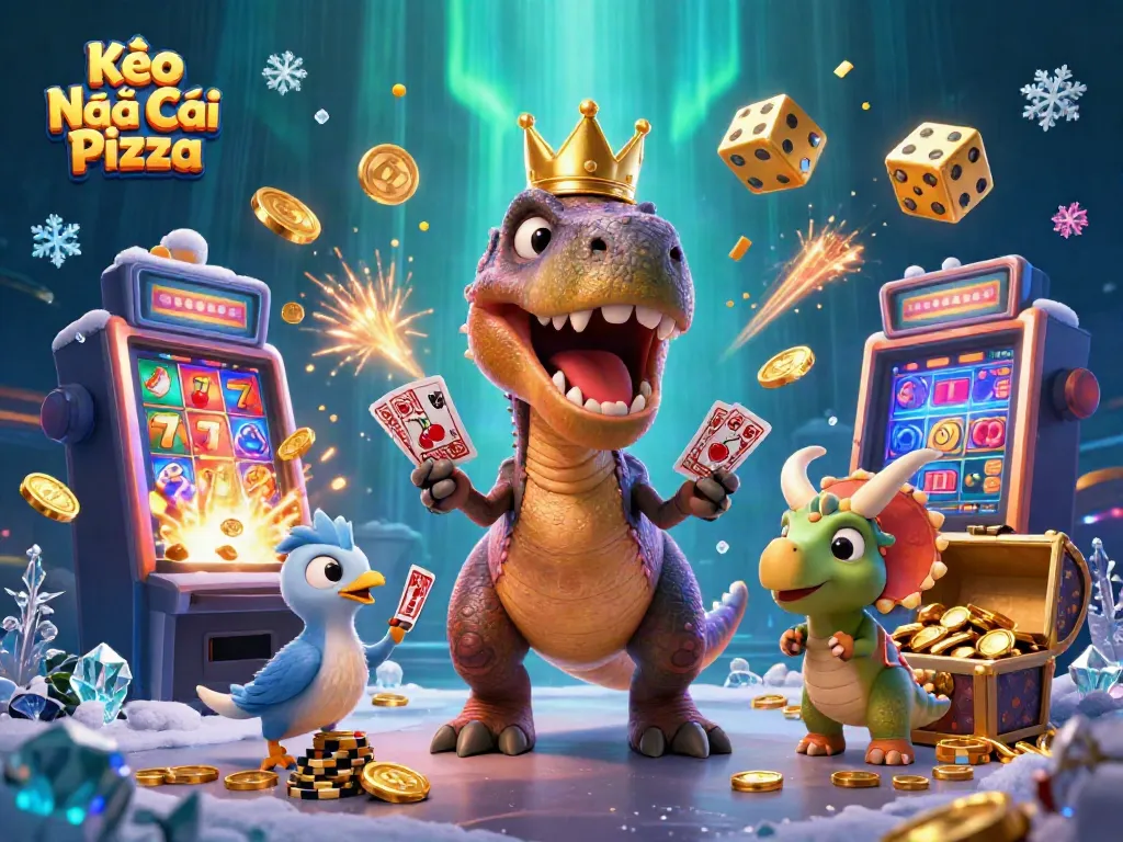 Kèo Nhà Cái Pizza brings thrilling moments with a T-Rex shuffling cards, while a pterodactyl assists and a triceratops stacks chips.