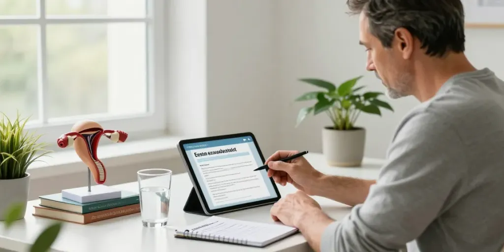 Erektionstest questionnaire in a modern home office setting focusing on men's health.