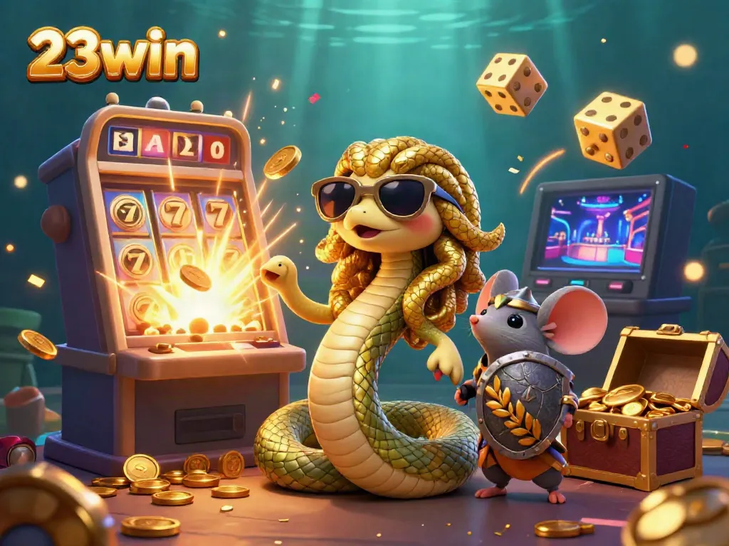 Experience the thrill of 23win with a dynamic and colorful casino scene featuring Medusa and a mouse warrior!