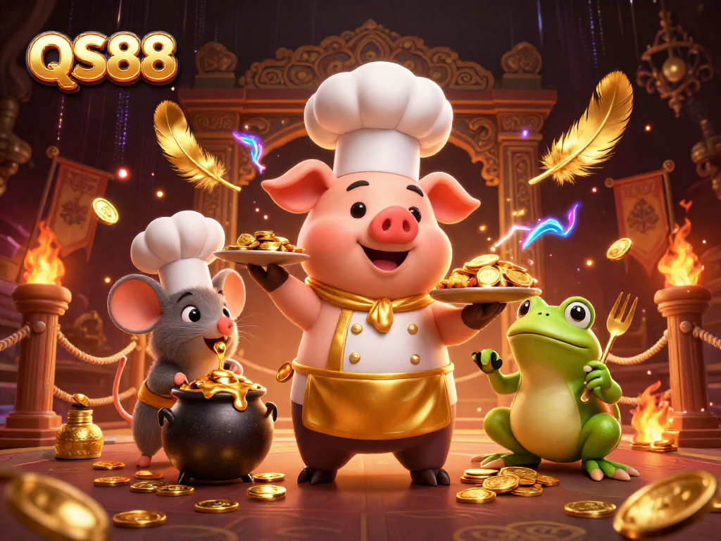 Experience the thrill of QS88 with a dynamic casino illustration featuring a gourmet pig chef and gold coins.