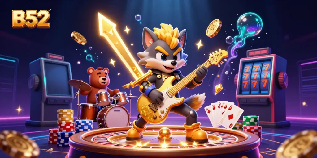 B52 brings an electrifying casino experience with a rock star wolf and drummer bear surrounded by dazzling game elements and golden coins.