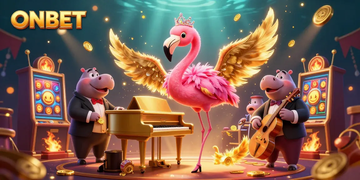 Experience ONBET's vibrant casino atmosphere with cartoon characters and gaming symbols.