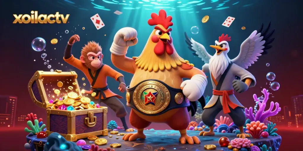 Xoilactv's vibrant scene showcases a fierce rooster and martial artists immersed in a colorful underwater treasure environment.