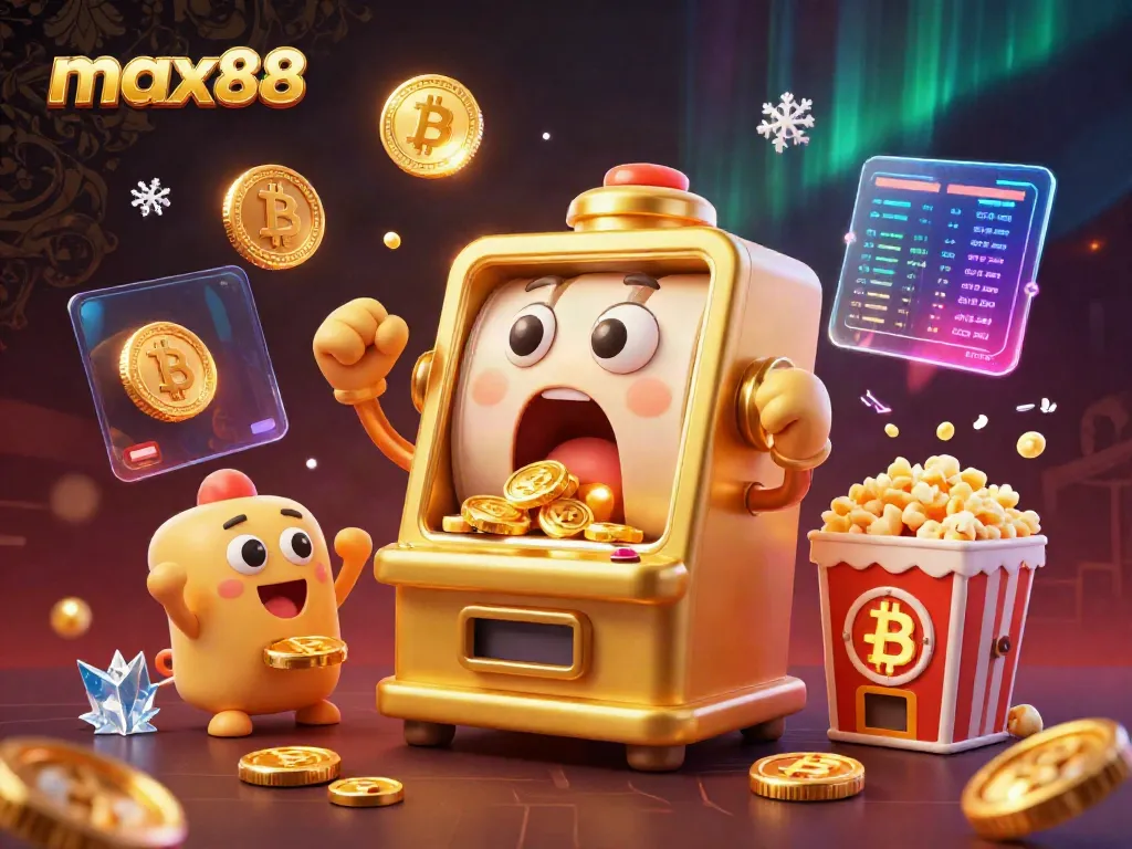 max88 slot machine celebrates jackpot with coins pouring out, surrounded by cheering baby slots and crypto elements.