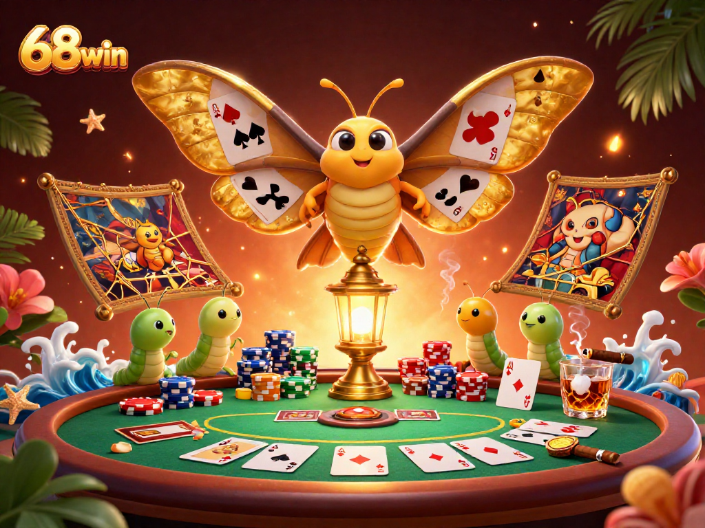 Experience immersive gambling action with 68win featuring golden moths and poker elements.