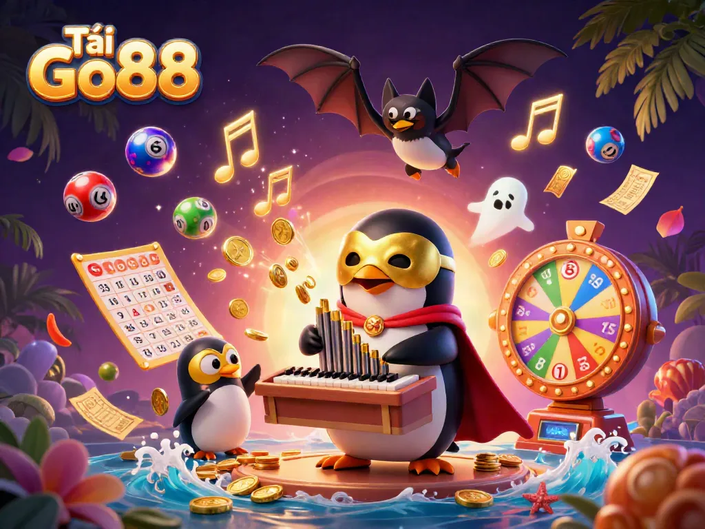 Spin and win with Tải Go88 gaming dynamics, featuring colorful lottery elements and a whimsical penguin.