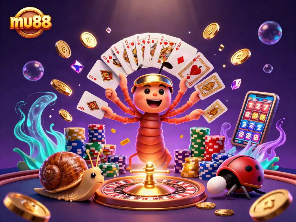 Engage in thrilling gaming at mu88 with a colorful 3D scene featuring dynamic characters and casino elements.