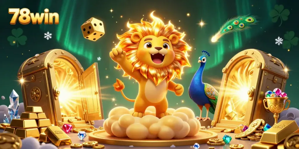Engage with the vibrant 78win universe featuring a roaring lion, golden dice, and treasure amidst a casino backdrop.