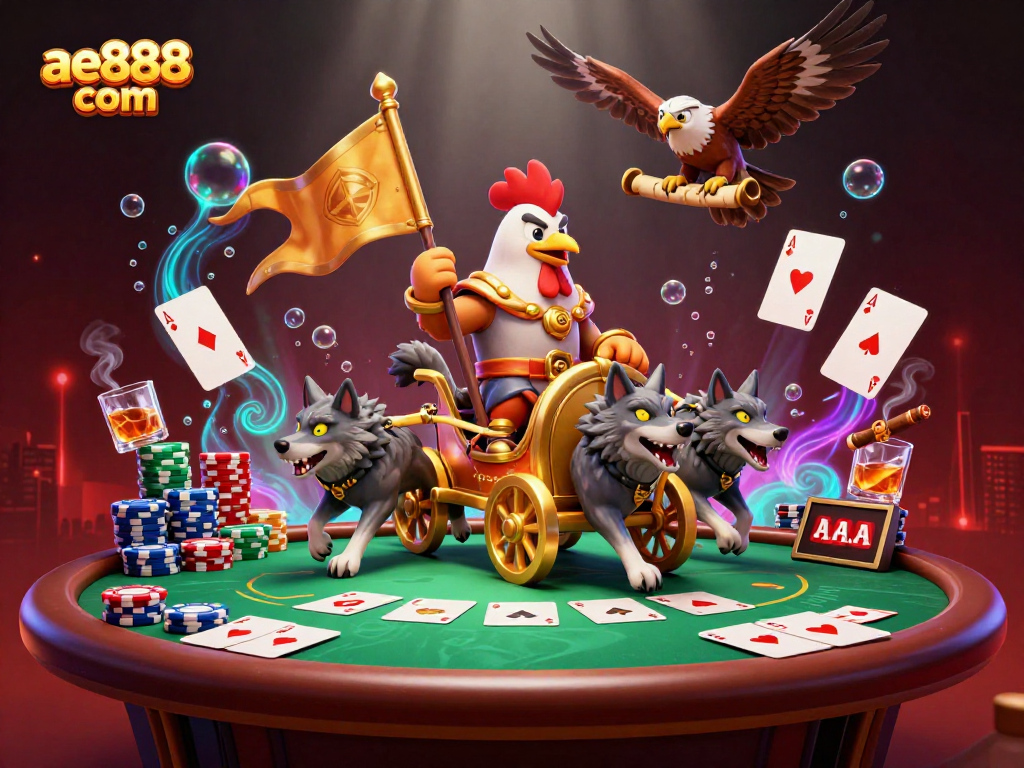 Experience excitement at ae888 com with a dynamic 3D illustration of a rooster warlord in a casino.