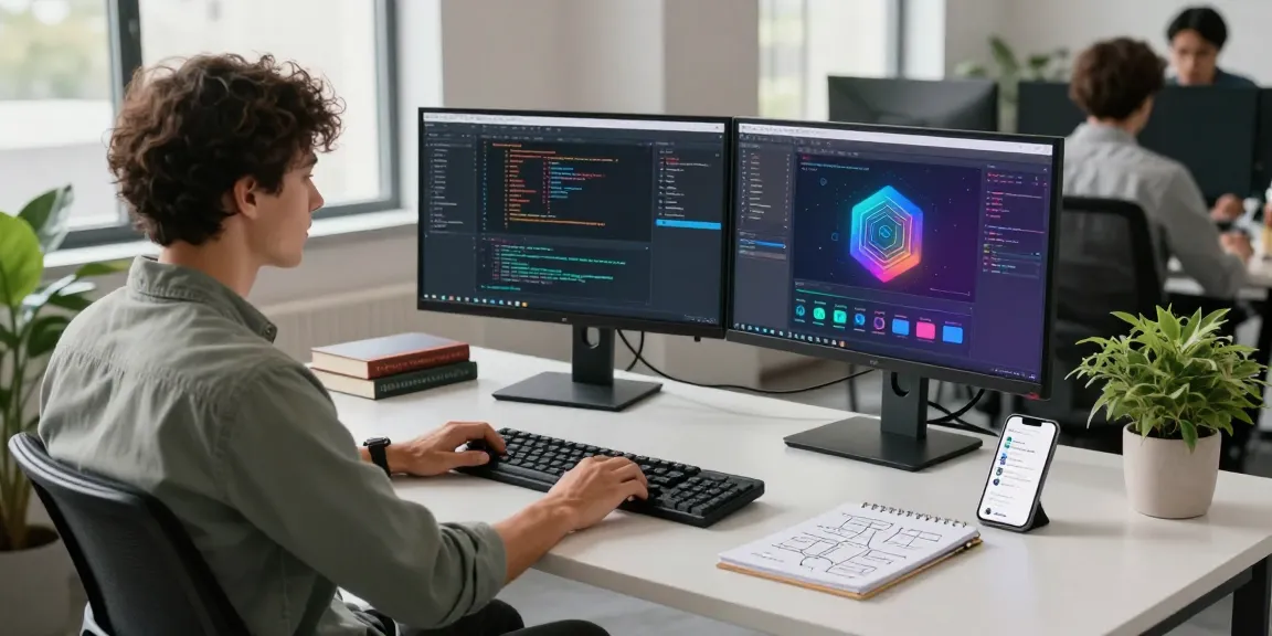 Build internal tools with AI in a productive tech workspace with coding displays and collaborative elements.