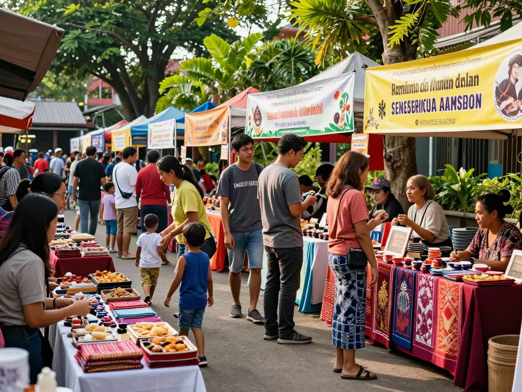 Community market showcasing rokok88 rtp products, with artisans and visitors celebrating local crafts.