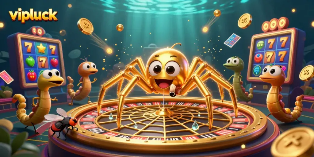 Experience the thrilling world of vipluck with a dynamic 3D casino scene featuring slots, a spider croupier, and vibrant game elements.