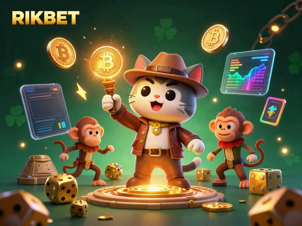 Explore thrilling casino adventures with RIKBET's 3D illustration featuring a treasure-hunting cat and monkey companion.
