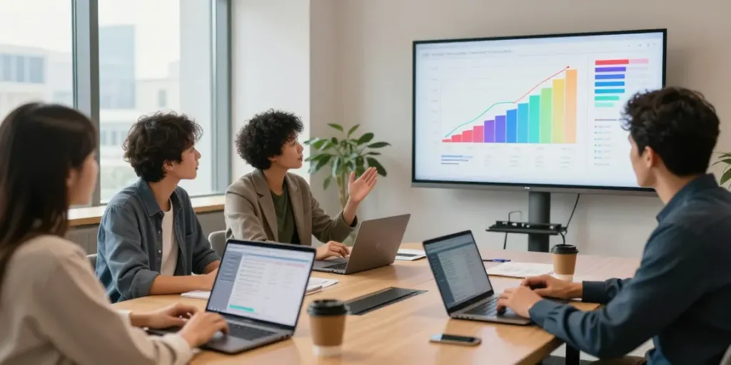 Reunión de profesionales analizando netcash en un espacio de trabajo moderno.