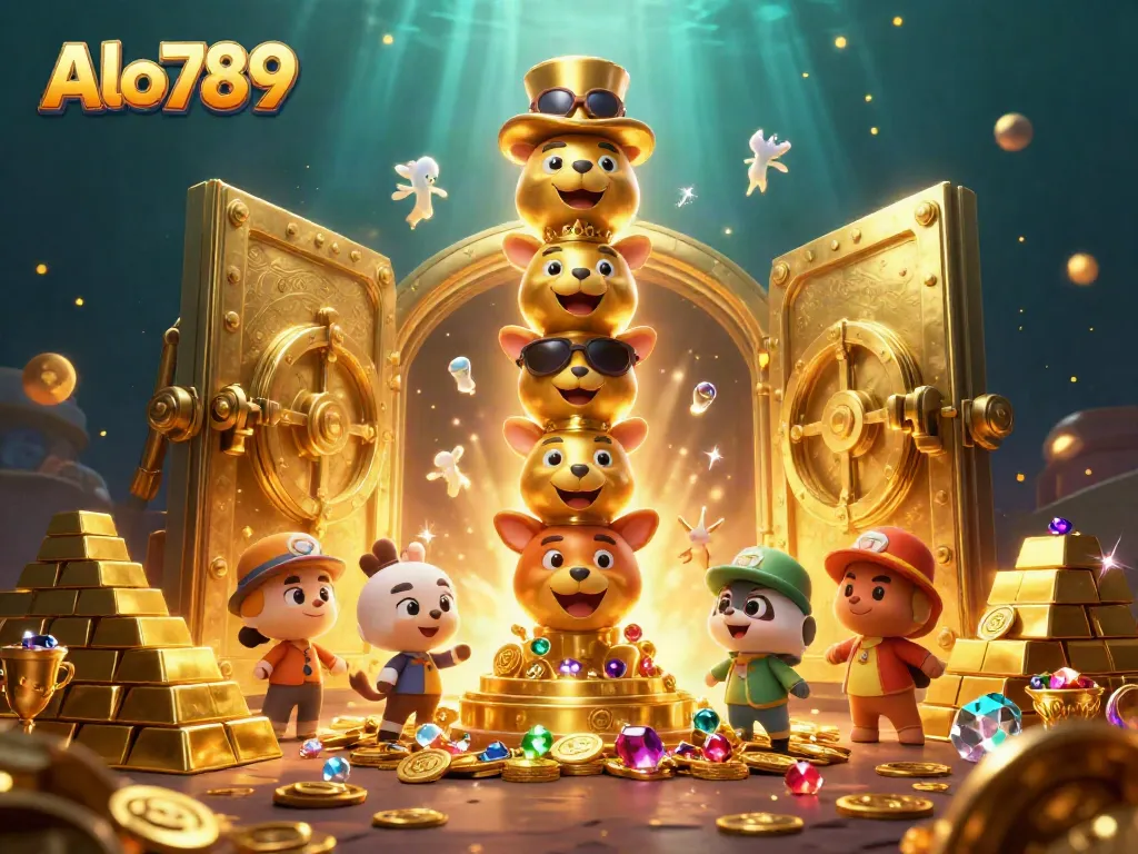 Experience exciting gameplay with the Alo789 golden totem and treasure vault in a vibrant casino scene.