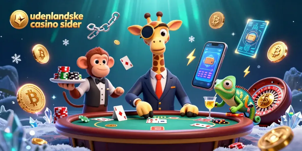 A 3D illustration of udenlandske casino sider showcasing a giraffe, monkey, and chameleon in a vibrant casino setting.