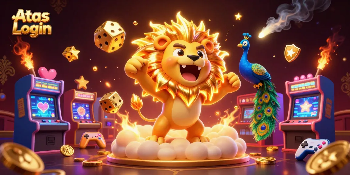 Play exciting games at Atas Login with our vibrant 3D casino illustration showcasing lively characters and game elements.