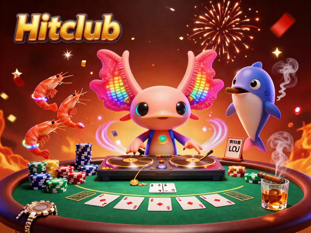 Hitclub game night with vibrant DJ axolotl, dancing shrimp, and poker action full of energy
