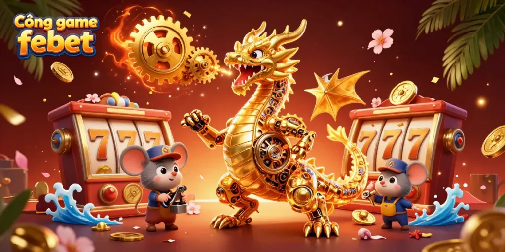 Experience fun and excitement at Cổng game febet with a vibrant 3D illustration of gaming elements and a golden dragon.