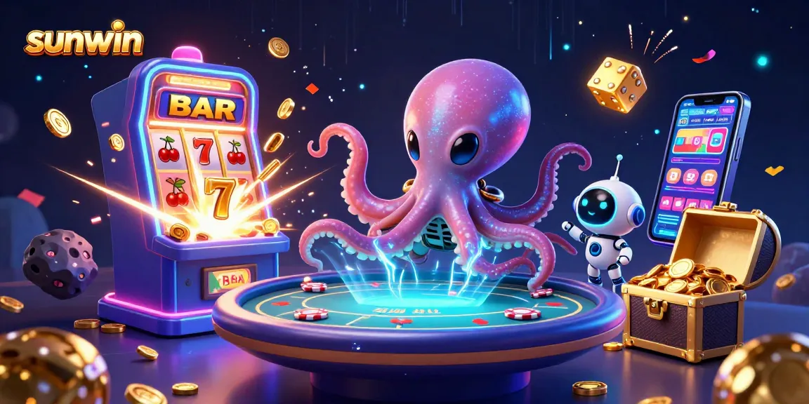 Experience the excitement of sunwin with an alien octopus at a holographic poker table, surrounded by casino fun.