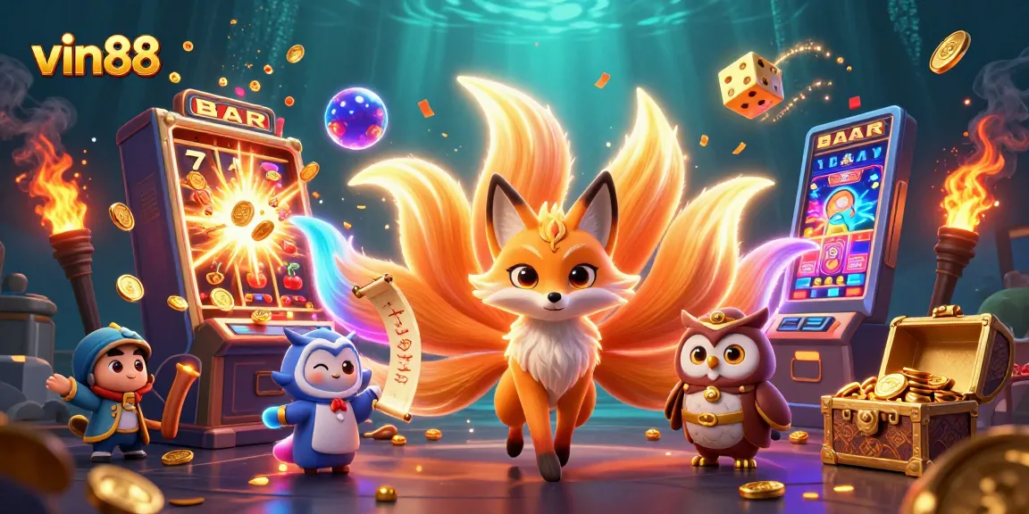 Experience thrilling gaming adventures with vin88's enchanting illustrations featuring vibrant spirits and golden treasures.