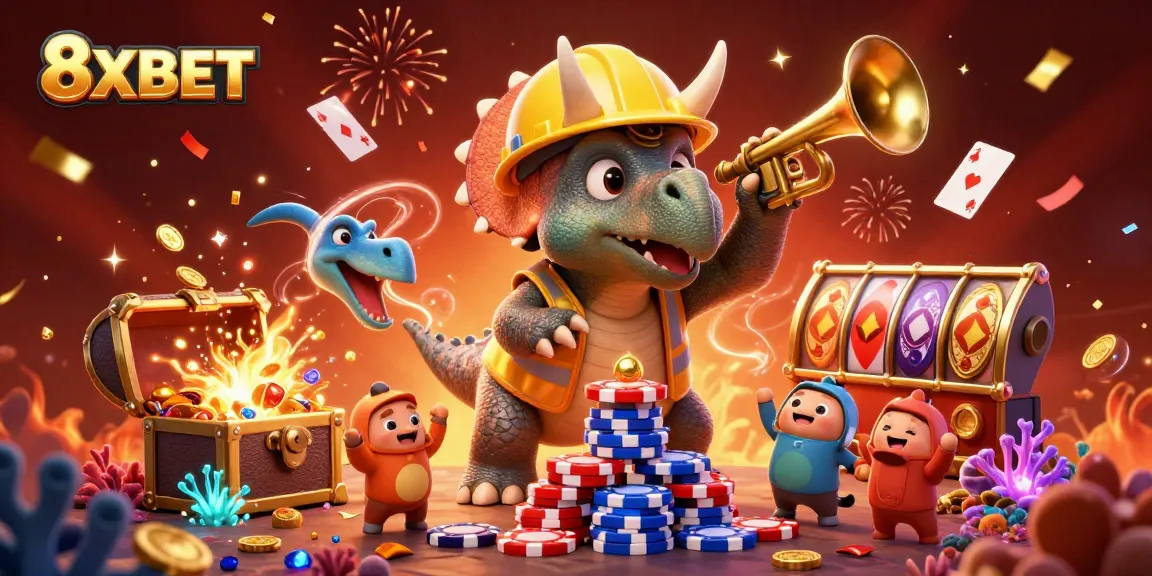 Celebrate and win with 8XBET while enjoying a vibrant casino-themed illustration