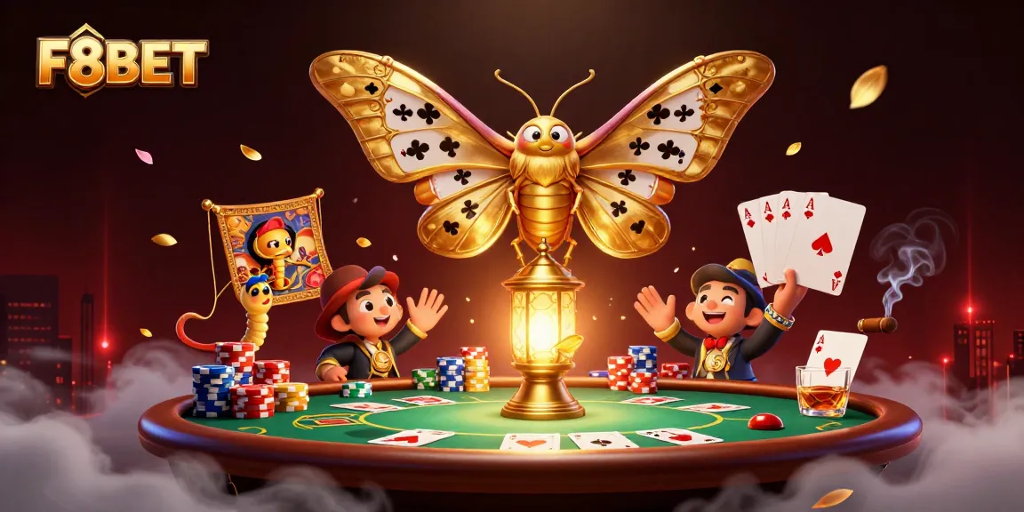 Spin and win at F8BET Casino with rich casino scenes illuminated by a majestic moth.