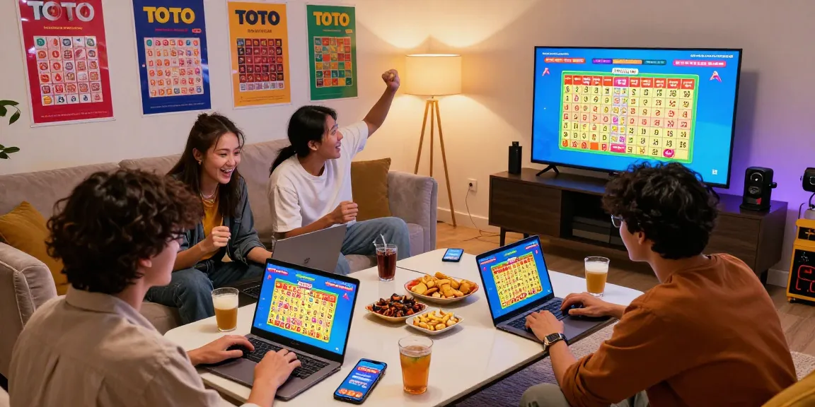 Permainan Toto dengan teman-teman menggunakan laptop dan smartphone, suasana menyenangkan di ruang tamu.